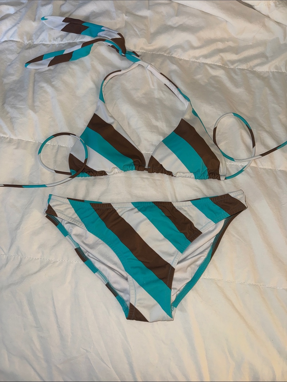 Victoria’s Secret Triangle Stripe Bikini Set in Teal, Brown & White